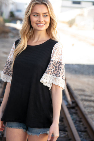 Black Rib Leopard Print Bell Sleeve Crochet Top