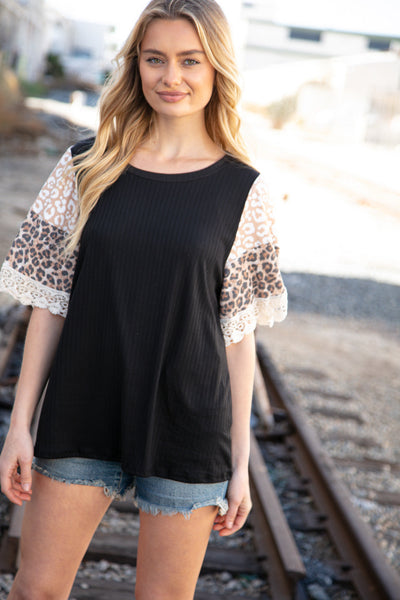 Black Rib Leopard Print Bell Sleeve Crochet Top