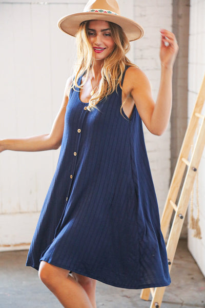 Navy Button Detail Fit and Flare Pocketed Ribbed Dress