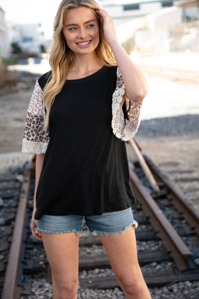 Black Rib Leopard Print Bell Sleeve Crochet Top