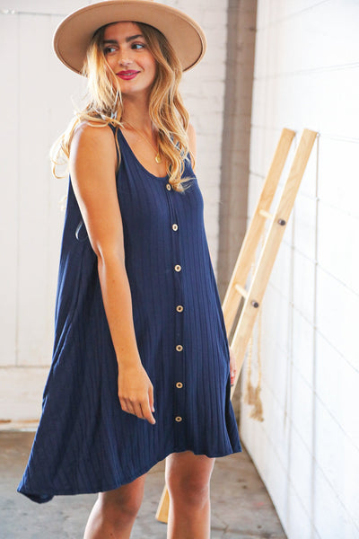 Navy Button Detail Fit and Flare Pocketed Ribbed Dress