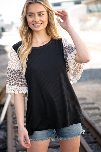 Black Rib Leopard Print Bell Sleeve Crochet Top