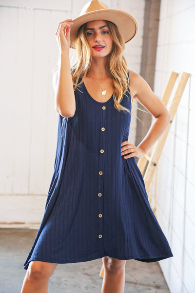 Navy Button Detail Fit and Flare Pocketed Ribbed Dress