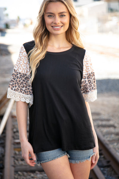 Black Rib Leopard Print Bell Sleeve Crochet Top