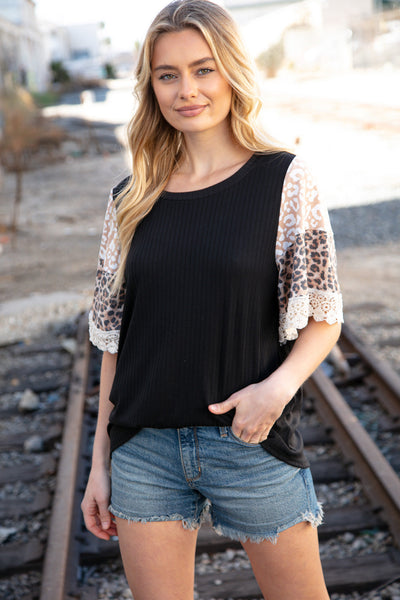 Black Rib Leopard Print Bell Sleeve Crochet Top