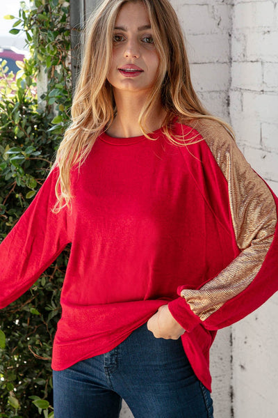 Holly Red Cashmere Feel Shimmer Foil Long Sleeve Raglan