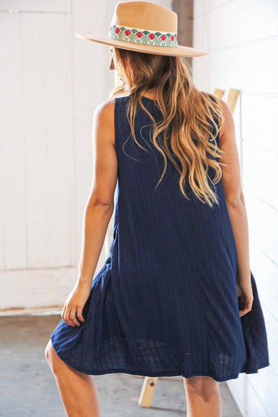 Navy Button Detail Fit and Flare Pocketed Ribbed Dress