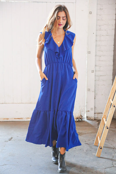 Blue Crepe Ruffle V Neck Flutter Sleeve Back Tie Maxi