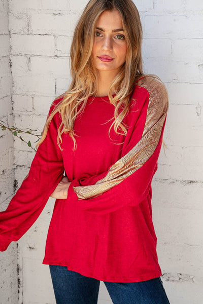 Holly Red Cashmere Feel Shimmer Foil Long Sleeve Raglan