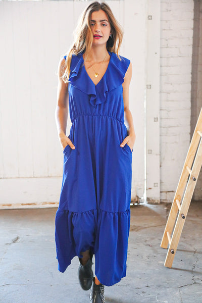 Blue Crepe Ruffle V Neck Flutter Sleeve Back Tie Maxi