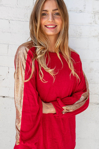 Holly Red Cashmere Feel Shimmer Foil Long Sleeve Raglan