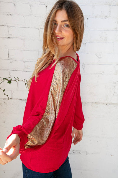 Holly Red Cashmere Feel Shimmer Foil Long Sleeve Raglan