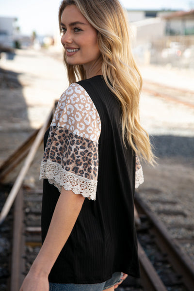 Black Rib Leopard Print Bell Sleeve Crochet Top