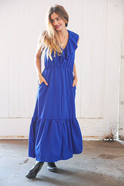 Blue Crepe Ruffle V Neck Flutter Sleeve Back Tie Maxi