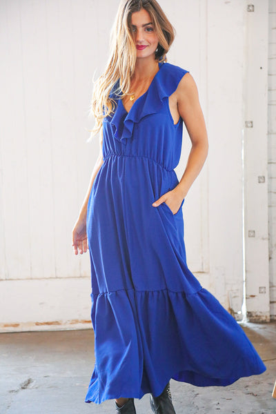 Blue Crepe Ruffle V Neck Flutter Sleeve Back Tie Maxi