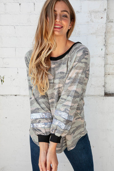 Camo Cotton Sequin Game Day Stripe Top