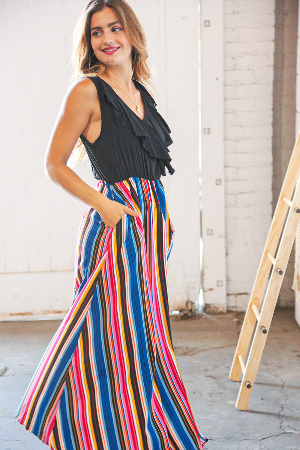 Multicolor Vertical Stripe Two Fer Ruffle Side Slit Maxi