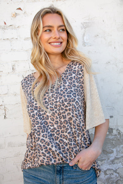 Beige V neck Leopard Print Bell Sleeve Color Block Top