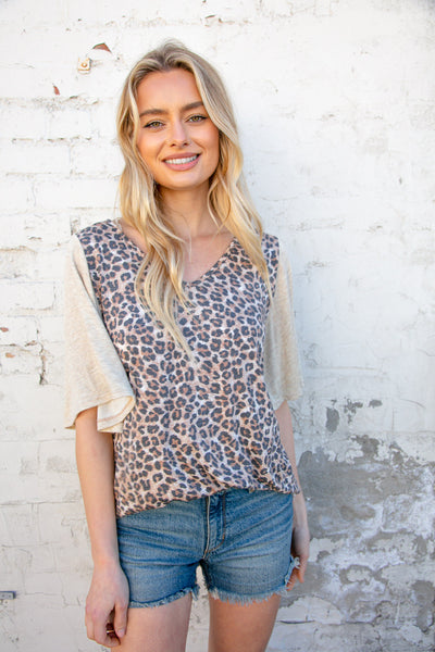 Beige V neck Leopard Print Bell Sleeve Color Block Top