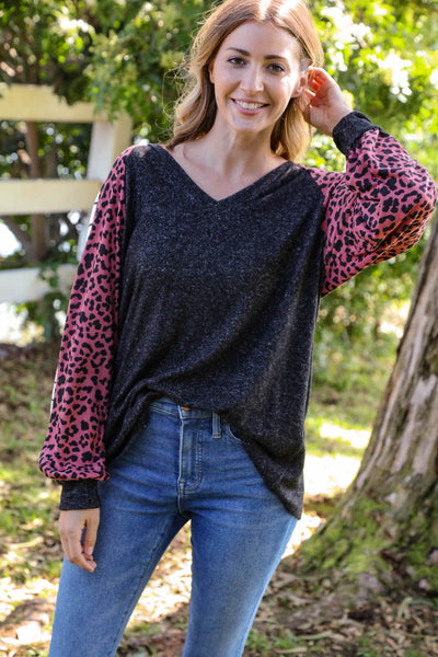 Leopard Two Tone Brushed Hacci Knit Top