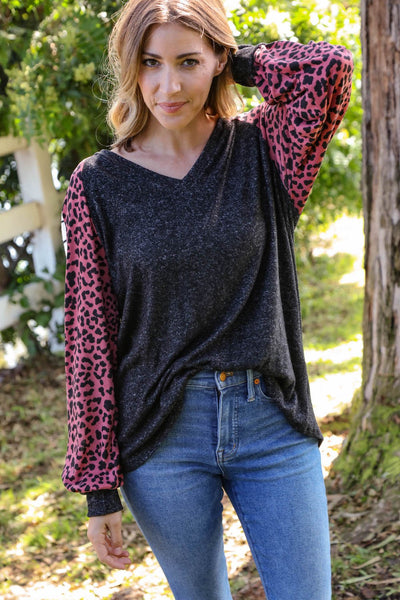 Leopard Two Tone Brushed Hacci Knit Top