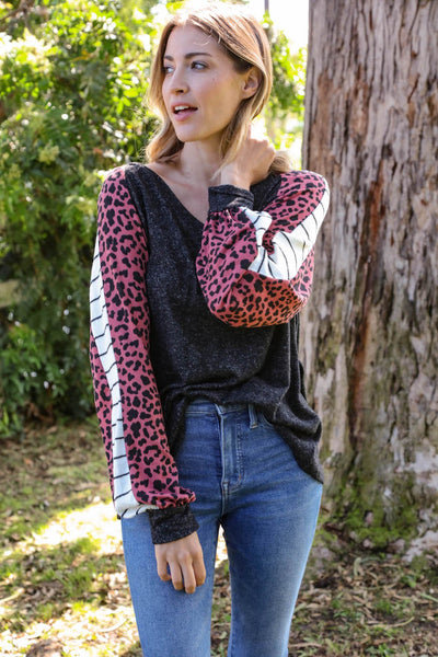 Leopard Two Tone Brushed Hacci Knit Top