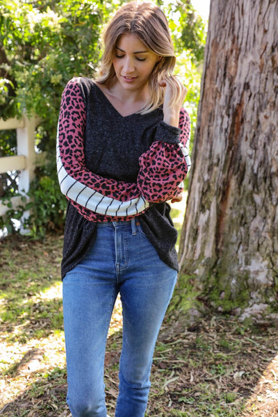 Leopard Two Tone Brushed Hacci Knit Top