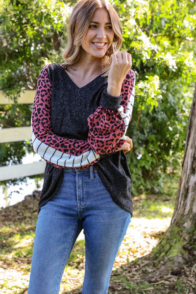 Leopard Two Tone Brushed Hacci Knit Top