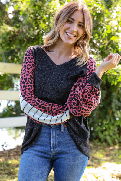 Leopard Two Tone Brushed Hacci Knit Top