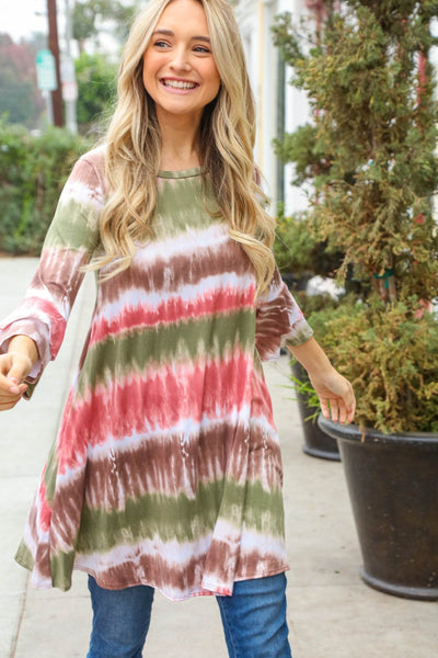 Stripe Blended Ruffle Sleeve Pocketed Tunic Dress