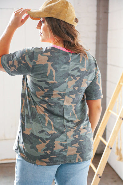 Camo Contrast Rib Banded V Neck Top