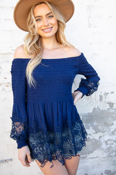 Navy Off-Shoulder Smocked Bubble Sleeve Crochet Top