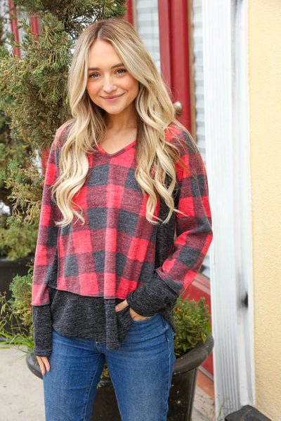 V Neck Buffalo Plaid Color Block Raglan Sweater