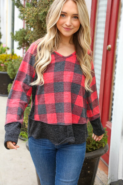 V Neck Buffalo Plaid Color Block Raglan Sweater