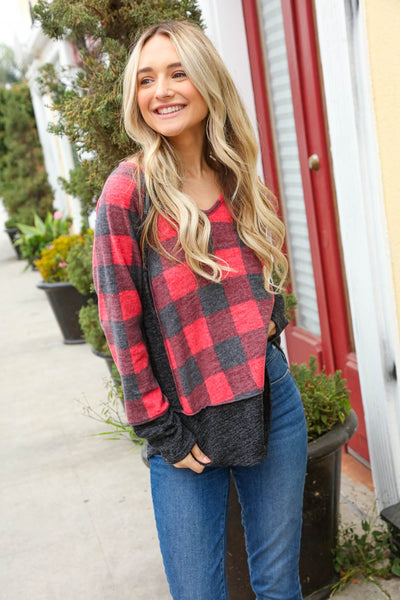 V Neck Buffalo Plaid Color Block Raglan Sweater