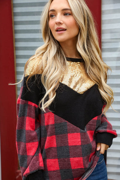 Gold Sequen Chevron Plaid Hacci Color Block Sweater