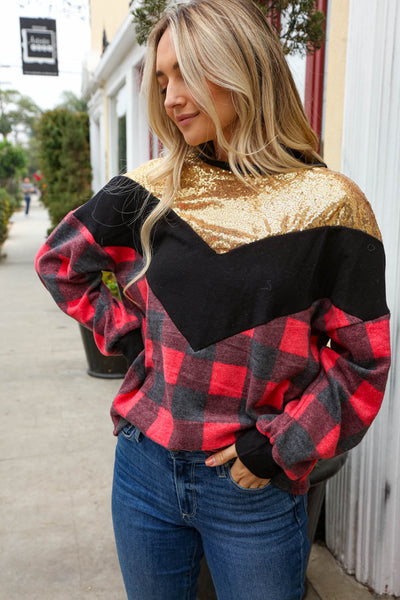 Gold Sequen Chevron Plaid Hacci Color Block Sweater