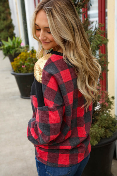 Gold Sequen Chevron Plaid Hacci Color Block Sweater