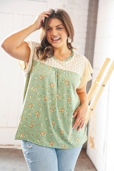 Sage Floral Print Eyelet Yoke Flutter Sleeve Top