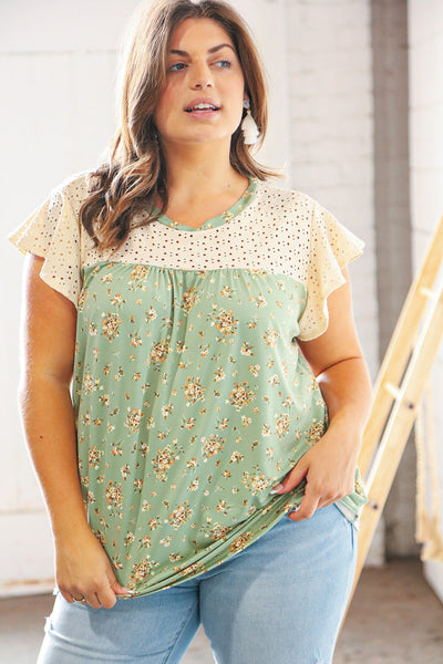 Sage Floral Print Eyelet Yoke Flutter Sleeve Top