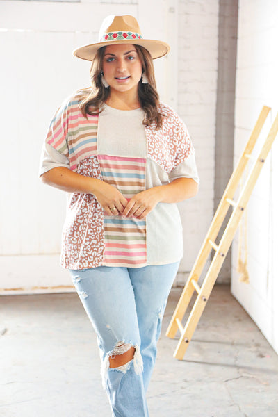 Linen Rib Leopard Stripe Color Block Knit Top