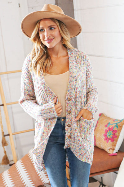 Multi Color Mixed Thread Cardigan with Front Pockets