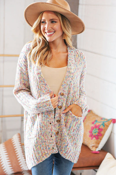 Multi Color Mixed Thread Cardigan with Front Pockets