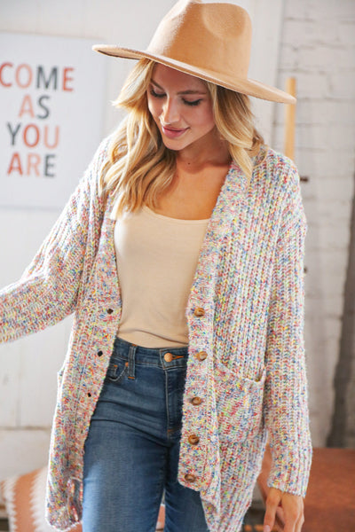 Multi Color Mixed Thread Cardigan with Front Pockets