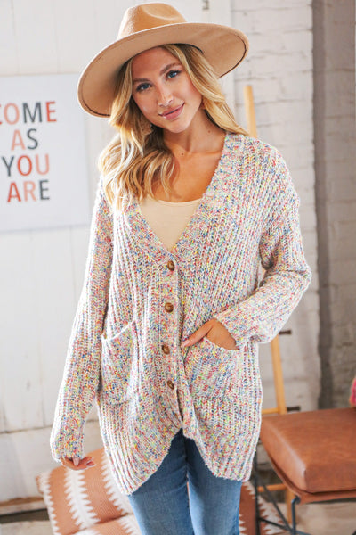 Multi Color Mixed Thread Cardigan with Front Pockets