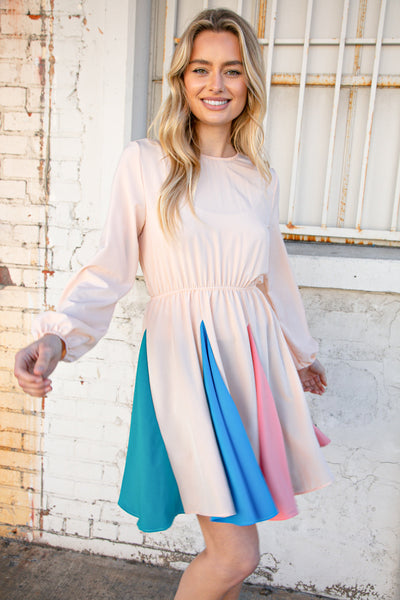 Light Peach Color Block Modet Ruffle Flare Midi Dress