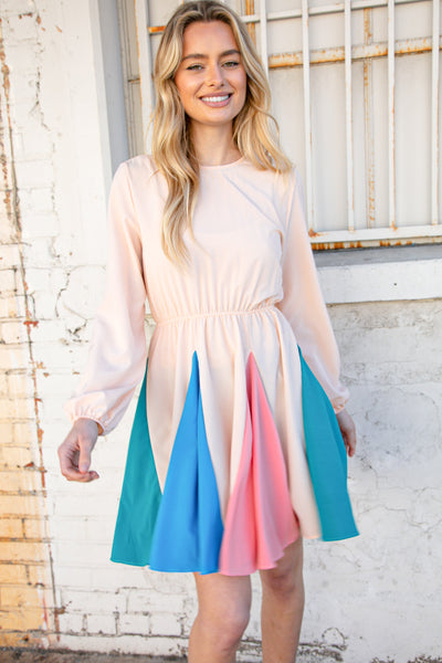 Light Peach Color Block Modet Ruffle Flare Midi Dress