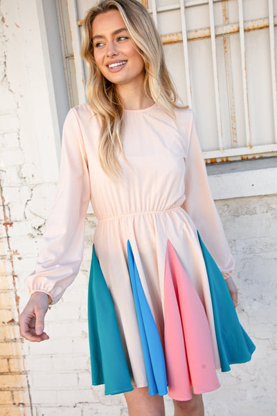 Light Peach Color Block Modet Ruffle Flare Midi Dress