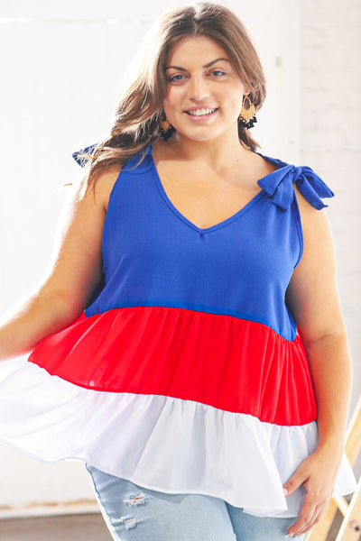 Patriotic Tiered Shoulder Tie Bow Crepe Top