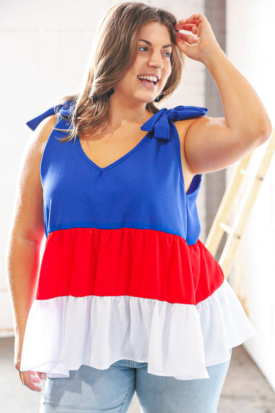 Patriotic Tiered Shoulder Tie Bow Crepe Top